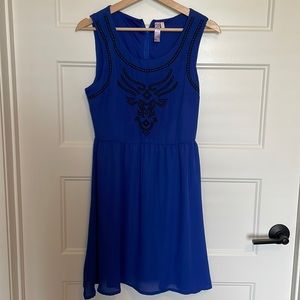 Royal blue dress with black embroidery